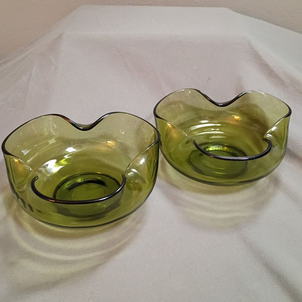 MCM Vintage Anchor Hocking‎ Avocado Green Glass Wavy Rim Dip Bowls 1970s Lot 2